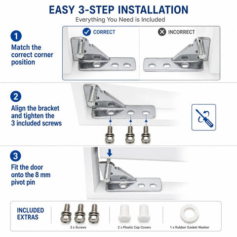 84mm Refrigerator Door Hinge Zinc Chrome With 8mm Pin for French Doors, installation guide with screws and accessories.
