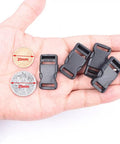 Half Inch Side Release Buckles 10 Pack Black Plastic Quick Release Buckles for backpack straps and DIY pet collars displayed on a hand