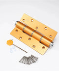 Heavy Duty Hydraulic Door Closer With Aluminum Buffer Hinge Silent Soft Close Design Hidden Multi Function Cabinet Hardware Automatic Self Closing Zero Drag Smooth Glide Two Piece Set with gold aluminum hinge and screws.