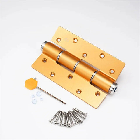 Heavy Duty Hydraulic Door Closer With Aluminum Buffer Hinge Silent Soft Close Design Hidden Multi Function Cabinet Hardware Automatic Self Closing Zero Drag Smooth Glide Two Piece Set with gold aluminum hinge and screws.