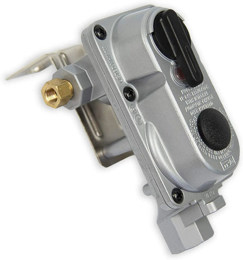 Flame King KT18ACR-2 2-stage auto-changeover propane regulator close-up; silver body, brass outlet