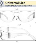 Diagram of 10 Pack Clear Safety Glasses For Men And Women, ANSI Z87.1 Certified, with measurements and universal fit