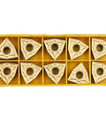 Ten CNMG 120404 carbide inserts for Five Eighth Inch Lathe Tool Holder MCLNR1616H12 in a yellow container for CNC machining.