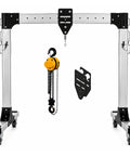 Portable Adjustable Aluminum Gantry Crane with 2 Ton Chain Hoist showing telescopic frame and yellow hoist.