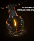 Close-up of bulb from 50Ft Led G40 Globe String Lights With 50 Plus 2 Dimmable Edison Bulbs, Shatterproof Outdoor Patio Lights.