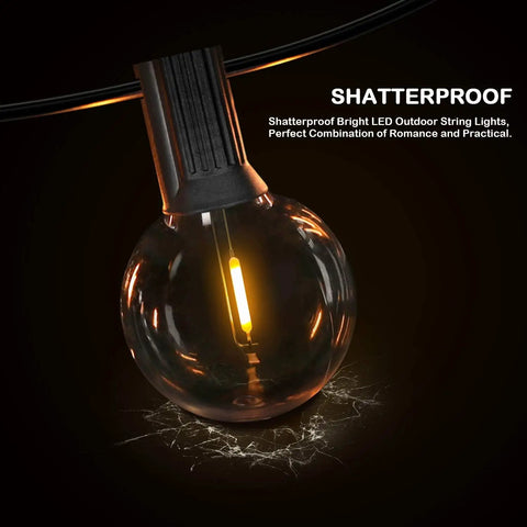 Close-up of bulb from 50Ft Led G40 Globe String Lights With 50 Plus 2 Dimmable Edison Bulbs, Shatterproof Outdoor Patio Lights.