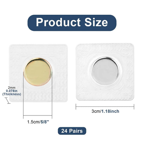 Hidden Magnetic Sewing Snaps 1.18-Inch Hella Strong and Low Profile for DIY Clothing Fixes with a Value Set of 24 Pairs shown with product size.