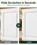 Before and after comparison showing scratches repaired on white furniture with Slick White Wood Filler Sticks 4 Pack Putty for Furniture and Floor Repair Ninja Quick Fix Scratches Patches Kit 4 Shades to Match Home Decor Styles Perfect for Farmhouse Modern and Classic Finishes Hella Easy No Drama Badass Durability.
