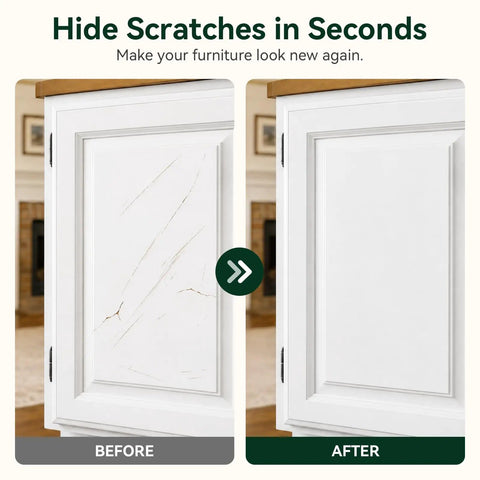 Before and after comparison showing scratches repaired on white furniture with Slick White Wood Filler Sticks 4 Pack Putty for Furniture and Floor Repair Ninja Quick Fix Scratches Patches Kit 4 Shades to Match Home Decor Styles Perfect for Farmhouse Modern and Classic Finishes Hella Easy No Drama Badass Durability.