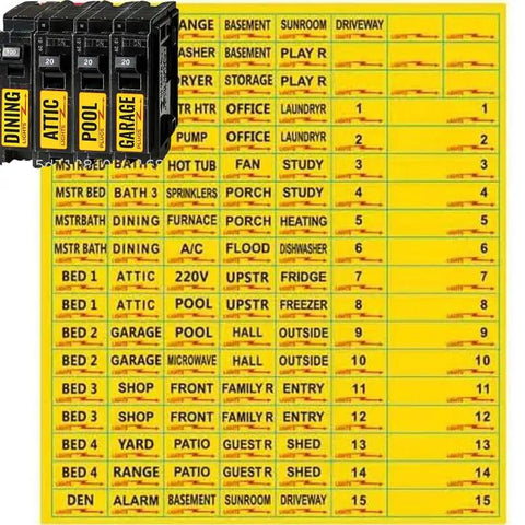 Kick Ass Circuit Breaker Labels Designed To Tame Your Electrical Panel With A Super Solid Grip showing yellow markers for switch identification.
