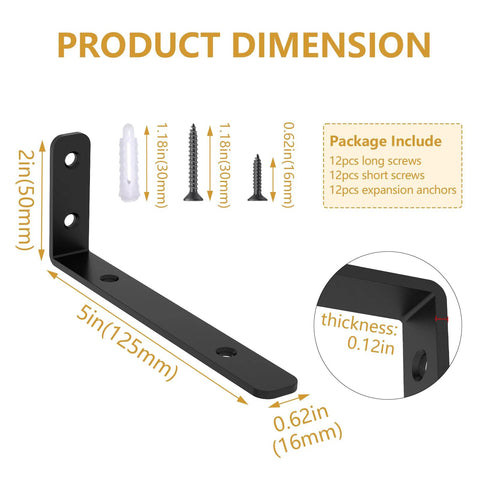 Diagram showing dimensions of 6-Piece L Shelf Brackets, 5x2 Inch Corner Support Brackets with matte black finish, screws included.