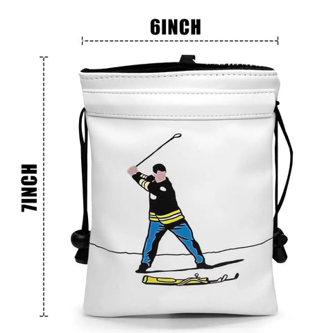 Valuables Golf Pouch With Drawstrings Made From PU Leather, 6 By 7 Inch Tee Accessory Organizer For Men, White with golfer graphic