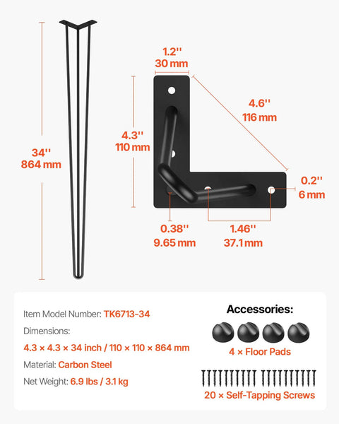 Diagram of Hairpin Table Legs 34 Inch Black Set Of 4 with measurements and accessories including screws and floor pads.