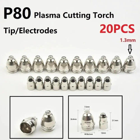 Premium 20 Pc P80 Plasma Cutter Electrodes Nozzles And Tips For CNC Machines With Copper Shield High Conductivity 1.3mm tips