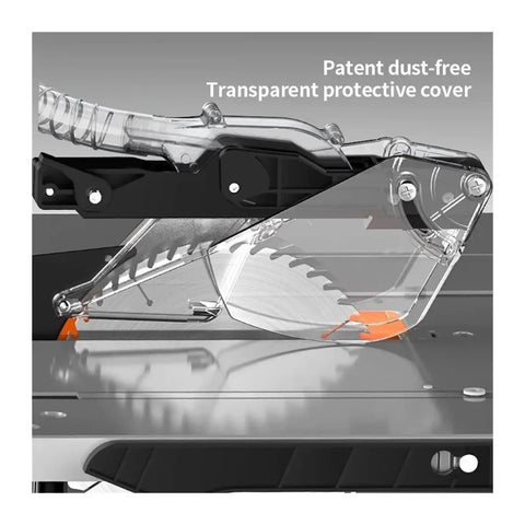Heavy High Performance Dust Free Sliding Table Saw Workhorse Frame with transparent protective cover for clean cuts.