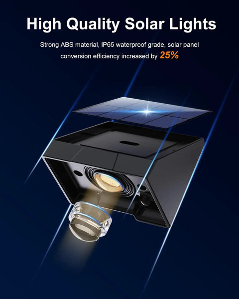 8 Pack Solar Fence Lights With Warm White LED Spot Lens and solar panel, IP65 waterproof, strong ABS material illustration