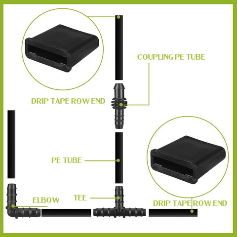 Diagram showing installation of 25 Pack Folding Drip Tape Row End Caps For Garden Irrigation, 5 By 8 Inch Fit, and drip tape connectors.