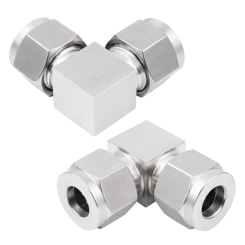 Front view of Yoebor 304 stainless steel compression tube fittings, 90-degree elbow, 1/4 in OD x 1/4 in OD, pack of 2