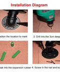 Installation diagram showing step-by-step process for securing an item with screws and expansion rubber.