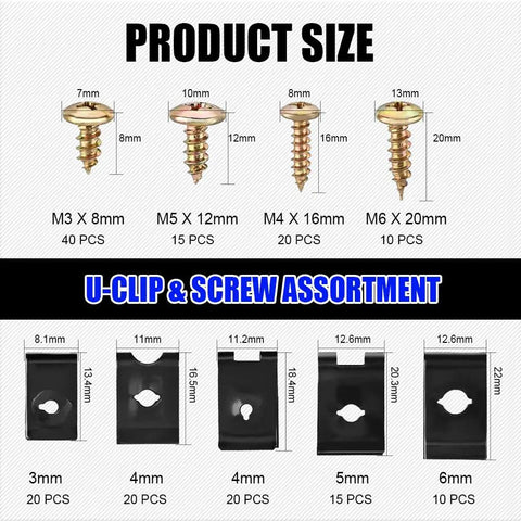 Rig Ready Automotive Screws And Clips Assortment Kit 170 Piece Set with size details of screws and clips for car repair.