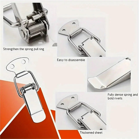 8 Piece Spring Rod Latch Clip Set For Toolbox And Leather Box Doors, close-up of latch mechanism and components