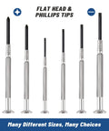 Six Piece Mini Precision Screwdriver Set With Flathead And Phillips Bits for small electronics and repairs, shown upright