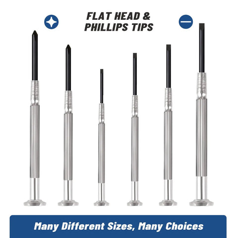 Six Piece Mini Precision Screwdriver Set With Flathead And Phillips Bits for small electronics and repairs, shown upright