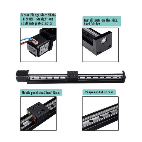 Amp Up Your CNC Rig With This Badass Smooth T Type Sliding Table Rail Packed With A Nema11 28mm Stepper Motor And TB6600 Driver To Master XYZ Axis Builds Choose 50mm To 300mm Strokes For Flexibility And Less Wiring Mess With Smooth Reliable Action. NEMA 11 rail kit with trapezoidal screw, sliding nut block, and stepper motor