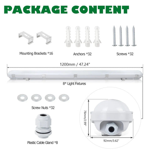 Package contents for Eight Pack 4 Foot LED Vapor Proof Shop Light Fixture With Selectable 60W 50W 40W 8100 Lumens 5000K Temperature IP65