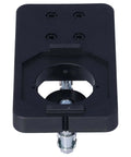 35mm hinge boring jig kit; black plastic drilling guide with metal mounting clamp, front view