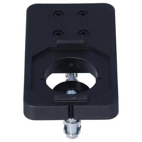 35mm hinge boring jig kit; black plastic drilling guide with metal mounting clamp, front view