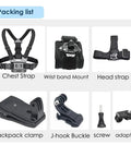 No Fuss All In One Mount Bundle For Chest Harness Head Strap Backpack Clip And Wrist Mount packing list overview