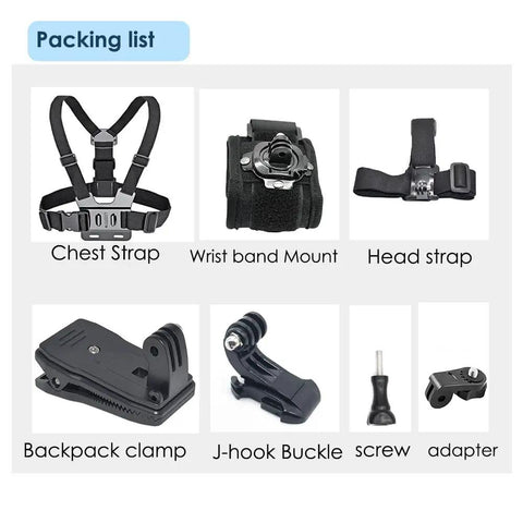 No Fuss All In One Mount Bundle For Chest Harness Head Strap Backpack Clip And Wrist Mount packing list overview