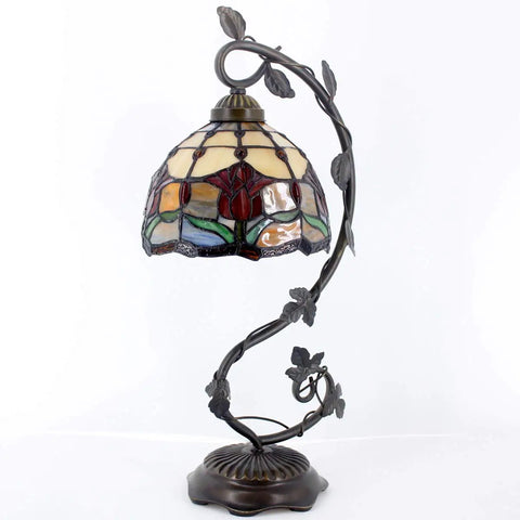 Red Tiffany Style Stained Glass Tulip Table Lamp With Bronze Metal Leaf Base, 21 Inch Tall Reading Desk Light For Small Spaces, Cozy Bedroom Or Home Office, UL Listed, Easy Install