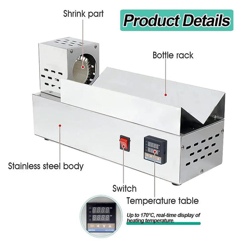 Detailed view of STDZQCWY 600w Digital Heat Shrink Machine For Wine And Olive Oil Bottles Stainless Steel Body with switch and temperature display.