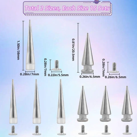 Killer Silver Cone Spike Studs 30 Piece Screw Back Rivet Kit 40Mm And 20Mm displaying two sizes and matching screw backs.