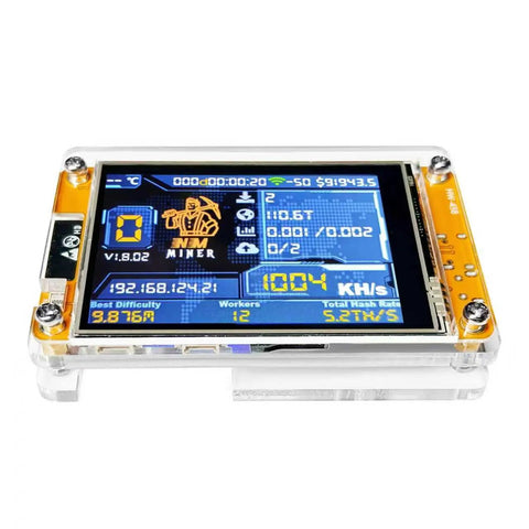 Bitcoin Lottery Miner NerdMiner V2 ESP32 Solo Miner With 2.8 Inch Low Power Smart Display showing mining data and hash rate.