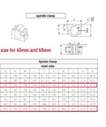 Heavy Duty CNC Spindle Clamp Made From Machined Aluminum Fits 45 52 55 Or 65Mm Round Motor Housing showing size specifications.
