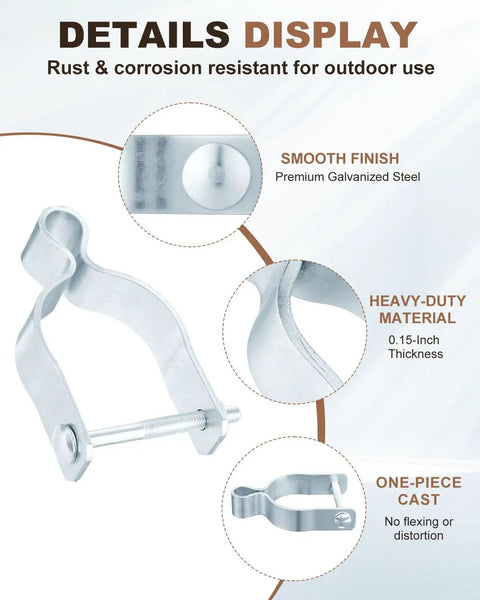 Detail view of smooth finish on heavy duty galvanized chain link gate hinges for 1 5 eighth inch posts, 2 pack silver fence gate hardware