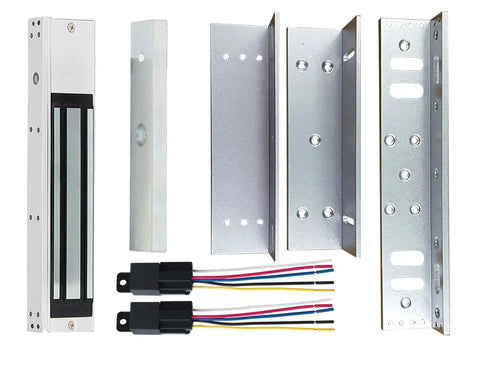 Outdoor Waterproof Magnetic Door Lock 12V 24V 600lbs Holding Force With Z And L Brackets For Access Control Gate Opener Fail Safe Electromagnetic Door Lock Heavy Duty in stainless steel, showing components like brackets and wires.