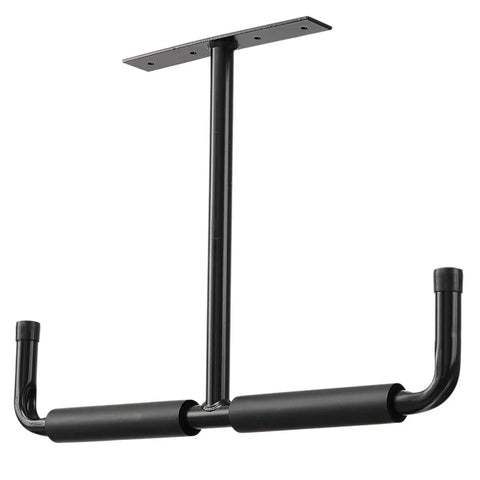 Black vinyl-coated steel overhead garage storage hooks set, heavy duty double ceiling rack hanger ideal for ladders and tools.