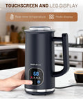 4 In 1 Electric Milk Frother With LED Touch Screen Auto Foam Maker in a kitchen setting, showing temperature control on display.