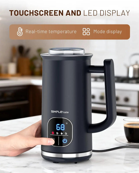 4 In 1 Electric Milk Frother With LED Touch Screen Auto Foam Maker in a kitchen setting, showing temperature control on display.