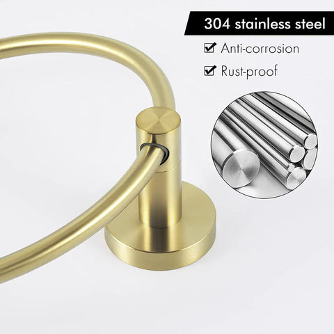 Brushed Gold Towel Ring For Bathroom, Round Wall Mount Hand Towel Holder, Rust-Resistant SUS 304 Stainless Steel With Matte Finish, A2180DG-BZ