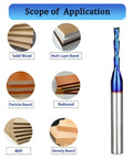 Twofer Pack Down Cut Spiral CNC Router Bits With 1/4 Inch Shank And 1/8 Inch Cutting Diameter, shown with wood types for use