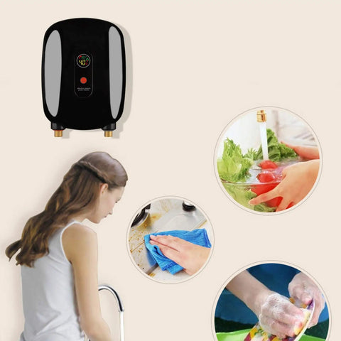 Slick Wall Mounted Tankless Electric Hot Water Heater Featuring Heavy Duty 3000W Coils For Rapid Instant Warm Water And Snappy Quick Hook Up For Kitchen Sink Use above a woman using hot water.