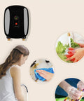 Instant Tankless Water Heater With Smart Digital Flow Valve Delivers Quick 3000w On Demand Hot Water For Kitchen Counter Or Bath Tub Setup So You Can Keep It Moving, black compact design with user cleaning images.