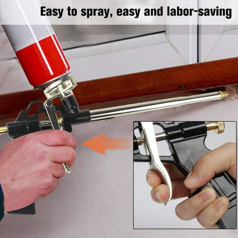 Person using Beefy Foam Gun Pro Heavy Duty PU Expanding Caulking Gun with metal body and ergonomic grip on window frame