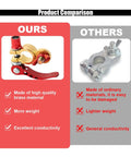 Product comparison of 2 Pack Battery Terminal Connectors M8 X 25mm Bolt Quick Release Brass Cable Terminals Clamp Post Connectors With Anti Corrosion Pad For Car Truck Boat highlighting brass quality and conductivity.