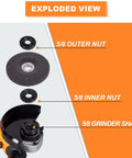 Exploded view of grinder showing 5/8 outer nut, disc, 5/8 inner nut, and grinder shaft from 7 Piece Angle Grinder Nut And Wrench Kit With 5/8-11 Flange Nuts For 4.5 And 5 Inch Grinders Universal Compatibility Includes Wrench For Easy Disc Changes And Nut Replacement.